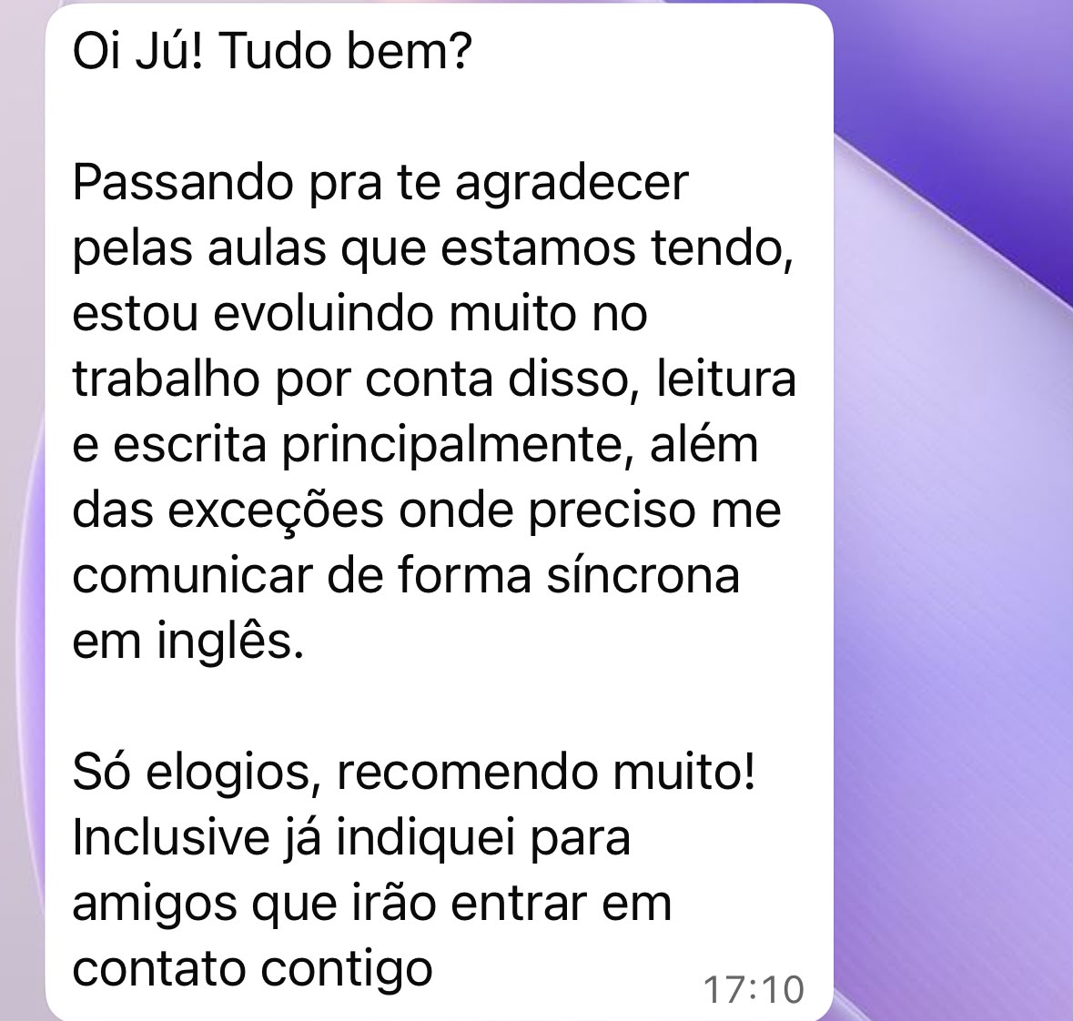 Print de mensagem de aluna agradecendo pelas aulas e contando que evoluiu no trabalho